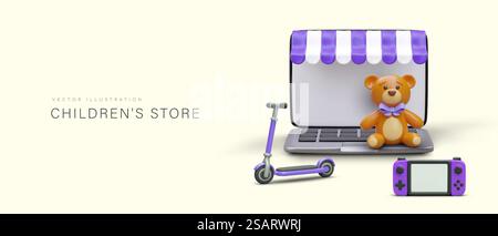 Concetto di negozio online con diversi giocattoli per bambini. Acquisto di prodotti per bambini tramite gadget moderni. Console di gioco, scooter da calcio e orsacchiotto. Illustrazione vettoriale. Concetto di negozio online con diversi giocattoli per bambini Illustrazione Vettoriale