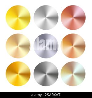 Set gradiente radiale argento dorato e bronzo. Collezione di realistici lamine metalliche in oro lucido argentato e bronzo. Illustrazione vettoriale Illustrazione Vettoriale