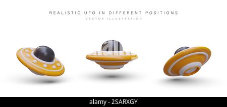 Disco volante realistico in diverse posizioni. Vista dall'alto, dal lato, dal basso. UFO isolato a colori. Oggetto vettoriale su sfondo bianco. Icone per gioco, applicazione, sito. Disco volante realistico in diverse posizioni. Vista dall'alto, dal lato, dal basso Illustrazione Vettoriale