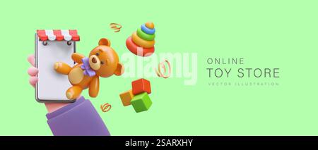 Realistica presa a mano dello smartphone e selezione di prodotti nel negozio online di giocattoli. orsacchiotto 3d, cubi educativi e piramide. Concetto di negozio online di giocattoli. Illustrazione vettoriale. Realistica presa a mano dello smartphone e selezione di prodotti nel negozio online di giocattoli Illustrazione Vettoriale