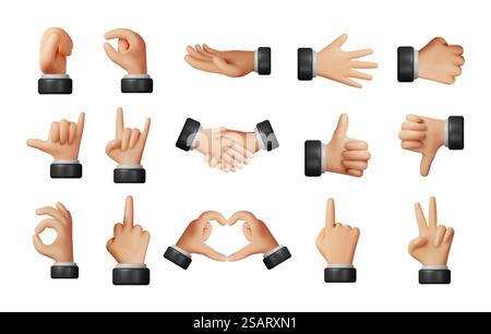 Set 3d di movimenti realistici delle mani in stile cartone animato. Il rendering della mano umana mostra diversi simboli dei gesti. Raccolta di mosse. Amore, puntamento, OK, pace, pollice, ecc. Illustrazione vettoriale. Set 3d di movimenti realistici delle mani Illustrazione Vettoriale