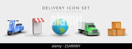 Consegna e logistica in tutto il mondo tramite veicolo. scooter 3d e diverse scatole di cartone. Servizio online per smartphone. Concetto di set di icone di consegna. Illustrazione vettoriale. Consegna e logistica in tutto il mondo tramite veicolo. scooter 3d e diverse scatole di cartone Illustrazione Vettoriale