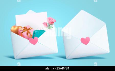 buste 3d love letter isolate su sfondo azzurro. Uno con forma a cuore, regali e fiori di rosa e l'altro senza... buste love letter 3d. Illustrazione Vettoriale