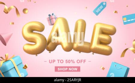 illustrazione in 3d del banner di vendita su sfondo rosa, palloncino con scritta di vendita con carta di credito, borse della spesa, confezione regalo, cartellino prezzi ed elementi coriandoli che volano intorno. Design banner offerta di vendita Illustrazione Vettoriale