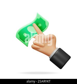 Le forbici a mano 3D pongono il dollaro da taglio con Banknote isolato. Rendi tagliare i soldi. Concetto di grande sconto, metà prezzo, spesa eccessiva o riduzione del prezzo. Perdere denaro o crisi finanziaria. Illustrazione vettoriale. Le forbici a mano 3D mettono in posa il dollaro da taglio Banknote Illustrazione Vettoriale