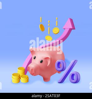Piggy Bank 3D con grafico di crescita delle scorte Arrow con monete d'oro. Visualizzare la freccia delle scorte con il simbolo del denaro e della percentuale. Voce finanziaria Business Investment Financial. Soldi e banche. Illustrazione vettoriale. Freccia del grafico delle scorte in 3D Piggy Bank con crescita Illustrazione Vettoriale