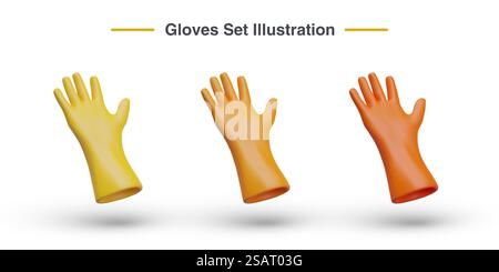 Set di guanti vettoriali di diversi colori. Accessori di protezione in gomma per le mani. Materiali per la pulizia. Illustrazione vettoriale isolata. Icone a colori. Simbolo di pulizia. Set di guanti vettoriali di diversi colori. Accessori di protezione in gomma per le mani Illustrazione Vettoriale