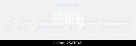 Set vettoriale elementi di design Neumorfismo a bottone bianco. Raccolta realistica di pulsanti dell'interfaccia utente moderna. Elemento per la progettazione di applicazioni o Web Illustrazione Vettoriale
