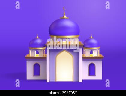 design realistico in 3d di un edificio di moschea isolato su sfondo blu. Elemento architettonico per eventi islamici e festività del Ramadan. progettazione di modelli di moschea 3d. Illustrazione Vettoriale