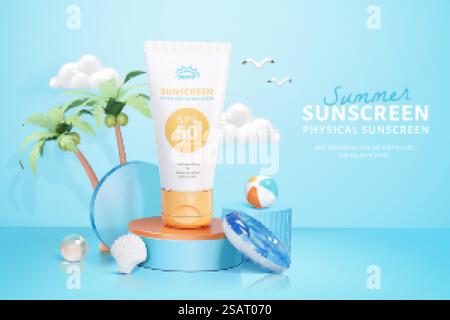 modello di annuncio cosmetico 3d in tema di vacanza sull'isola. Camicia su un podio rotondo con oggetti per il nuoto in spiaggia. Pubblicità cosmetica estiva a tema isolano Illustrazione Vettoriale