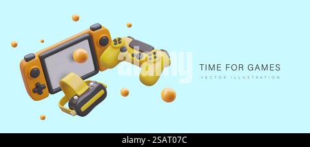 Tempo di gioco. Riposa con il gamepad. Giochi per computer moderni e accessori per loro. Concetto per il negozio di gadget. Modello su sfondo blu, oggetti 3D mobili. Tempo di gioco. Riposa con il gamepad. Giochi per computer moderni e accessori per loro Illustrazione Vettoriale