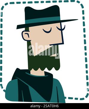 Adesivo retrò di un giovane uomo con barba e cappello Illustrazione Vettoriale