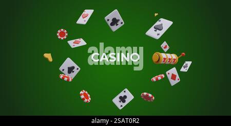 Carte da gioco volanti, patatine rosse per il poker e slot machine. Concetto di rischio e gioco d'azzardo. Sito web per casinò online con sfondo verde. Illustrazione vettoriale in stile 3D con posizione per il testo. Carte da gioco volanti, patatine rosse per il poker e slot machine Illustrazione Vettoriale