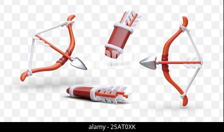 Arco e balestra con frecce in stile cartoni animati. Antica arma da caccia. Accessorio Cupido. Scatti accurati. Set di icone vettoriali colorate. Illustrazioni 3D isolate in stile moderno. Arco e balestra con frecce in stile cartoni animati. Antica arma da caccia Illustrazione Vettoriale