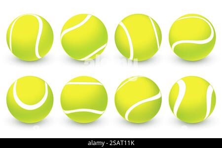 Set di palline da tennis realistiche vettoriali isolate su sfondo bianco. Simbolo della competizione sportiva. Collezione di palline da tennis verdi con texture e ombre. Illustrazione vettoriale per il progetto EPS10 Illustrazione Vettoriale