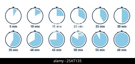 Serie di timer. Orologio, icone cronometro. Timer per conto alla rovescia. Contaore circolare di colore blu. Icone vettoriali semplici Illustrazione Vettoriale