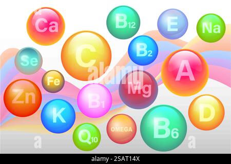 Complesso vitaminico e minerale essenziale. VITAMINA A, B1, B2, B6, B12, C, D3, E, K1, CALCIO, magnesio, zinco, silicio selenio. supplemento minerale 3d per la salute. Icone di raccolta multivitaminica. EPS10 vettoriale Illustrazione Vettoriale
