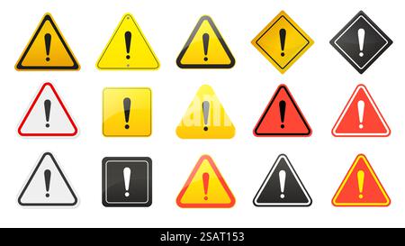 Segnali di attenzione. Icone di pericolo e avvertenza impostate in triangolo giallo. Simboli vettoriali Illustrazione Vettoriale