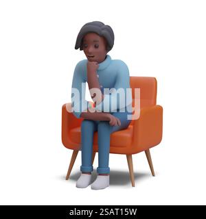 L'uomo siede con cura su una sedia, appoggiando il mento con il pugno. Trovare una soluzione al problema. Il personaggio maschile racconta la sua storia. Concetto vettoriale. Illustrazione a colori su sfondo bianco. L'uomo siede con cura su una sedia, appoggiando il mento con il pugno. Trovare una soluzione al problema Illustrazione Vettoriale