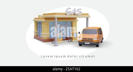 Distributore di benzina realistico. Costruzione 3D, pompe, macchina. Spazio per testo pubblicitario, contatti. Opuscolo orizzontale, modello banner. Progettazione Web vettoriale. Distributore di benzina realistico. Costruzione 3D, pompe, macchina. Spazio per testo pubblicitario, contatti Illustrazione Vettoriale