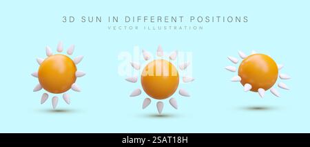 Sole lucido 3D in stile cartone animato. Serie di illustrazioni realistiche a colori. Immagini in posizioni diverse. Sole giallo con raggi bianchi. Simpatiche icone per il web design. Sole lucido 3D in stile cartone animato. Serie di illustrazioni realistiche a colori. Immagini in posizioni diverse Illustrazione Vettoriale