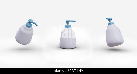 Vaso in plastica bianco con dispenser blu. Oggetto vettoriale in posizioni diverse. Contenitore per sapone liquido, crema, gel. Flacone con pompetta per disinfettante, igienizzante. Serie di immagini 3D. Vaso in plastica bianco con dispenser blu. Oggetto vettoriale in posizioni diverse Illustrazione Vettoriale