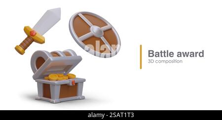 Premio Combat. Spada 3D, scudo rotondo, petto con monete d'oro. Vittoria in battaglia. Composizione vettoriale su sfondo bianco. Illustrazione del gioco in stile cartoni animati. Premio Combat. Spada 3D, scudo rotondo, petto con monete d'oro Illustrazione Vettoriale