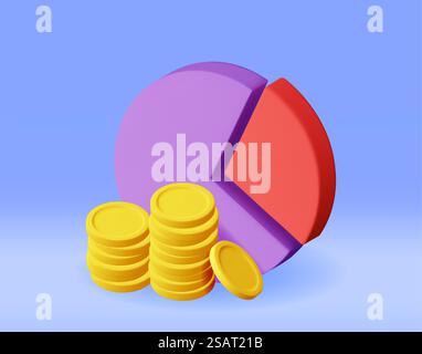 Diagramma a torta 3D con monete d'oro isolate. Rendi Stock Pie with Money mostra crescita o successo. Voce finanziaria, investimento aziendale, commercio del mercato finanziario. Soldi e banche. Illustrazione vettoriale. Diagramma a torta 3D con monete d'oro Illustrazione Vettoriale