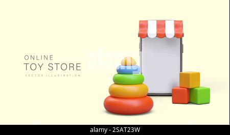 Poster per il negozio di giocattoli con spazio per il testo. Concetto di negozio online di giocattoli. piramide didattica 3d realistica, cubi e smartphone su sfondo giallo. Illustrazione vettoriale. Poster per il negozio di giocattoli con spazio per il testo. Concetto di negozio online di giocattoli Illustrazione Vettoriale