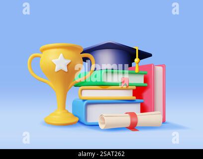 Trofeo oro 3D, pila di libri e cappellino per laureati isolati. Rendering Golden Cup e Education Hat. Diploma o accreditamento. Obiettivo e risultato. Concetto di laurea aziendale. Illustrazione vettoriale. Trofeo oro 3D, pila di libri e cappello per laureati Illustrazione Vettoriale