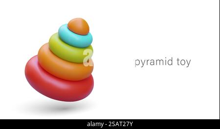 Piramide con anelli colorati per il negozio di giocattoli. bellissimo giocattolo realistico 3d per bambini piccoli con elementi rotondi. Poster per il negozio di giocattoli nei colori rosso, giallo e verde. Illustrazione vettoriale. Piramide con anelli colorati per il negozio di giocattoli. bellissimo giocattolo realistico 3d per bambini piccoli Illustrazione Vettoriale