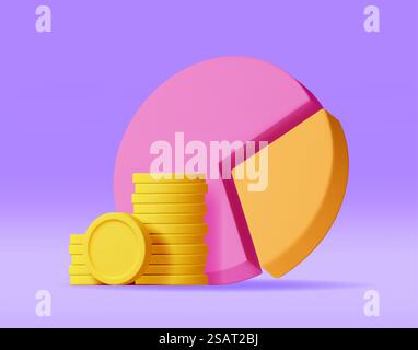 Diagramma a torta 3D con monete d'oro isolate. Rendi Stock Pie with Money mostra crescita o successo. Voce finanziaria, investimento aziendale, commercio del mercato finanziario. Soldi e banche. Illustrazione vettoriale. Diagramma a torta 3D con monete d'oro Illustrazione Vettoriale