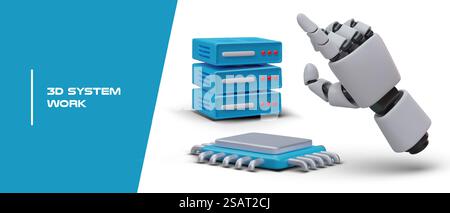 concetto di lavoro del sistema 3d. Sistema manuale e server 3d realistico. Poster con spazio per il testo. Manipolatore robotizzato industriale. Illustrazione vettoriale in stile cartone animato in colori blu. concetto di lavoro del sistema 3d. Sistema manuale e server 3d realistico. Poster con spazio per il testo Illustrazione Vettoriale