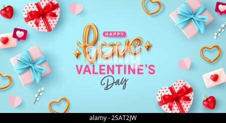 Modello banner per San Valentino con testo dorato confezione regalo a forma di cuore e amore su sfondo blu. Vettore del poster o del banner di San Valentino. Saluti e regali per amore o per San Valentino. Illustrazione Vettoriale