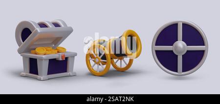 scrigno realistico in 3d con oro, cannone militare nei colori giallo e nero e scudo. Concetto di gioco per computer pirata. Illustrazione vettoriale in stile 3D. scrigno realistico in 3d con oro, cannone militare nei colori giallo e nero e scudo Illustrazione Vettoriale
