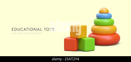 Poster con giocattoli educativi per il negozio. cubi e piramide realistici in 3d con anelli colorati. Gioco e sviluppo per bambini. Illustrazione vettoriale con posizione per il testo. Poster con giocattoli educativi per il negozio. cubi e piramide realistici in 3d con anelli colorati Illustrazione Vettoriale