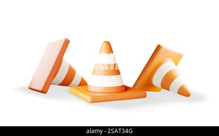 Pila icone del cono di traffico 3D isolato. Rendere cumulo cono in gomma per la sicurezza del traffico. Avvertenza per la circolazione su strada a strisce. Simbolo di avvertenza, pericolo e proibito. In costruzione. Illustrazione vettoriale realistica. Pile icone cono traffico 3D. Illustrazione Vettoriale