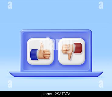 I gesti delle mani con i pollice in alto e con i pollice in basso in un notebook isolato. Visualizzare sullo schermo simboli simili e non simili a quelli delle mani. Icone di voto o valutazione del cliente. Movimenti delle dita del cartoni animati. Illustrazione vettoriale. Il 3D Thumbs Up e Thumbs Down Hands in laptop Illustrazione Vettoriale