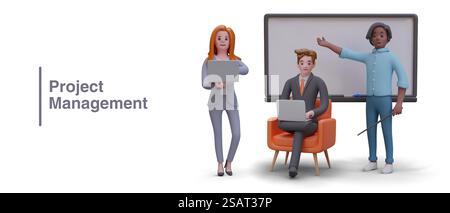 Gestione dei progetti. Il team presenta il piano di implementazione del progetto e i risultati del lavoro. L'uomo punta alla tavola vuota. Uomo d'affari e donna d'affari con computer portatili. Modello vettoriale a colori per la pubblicità sul Web. Gestione dei progetti. Il team presenta il piano di implementazione del progetto e i risultati del lavoro Illustrazione Vettoriale