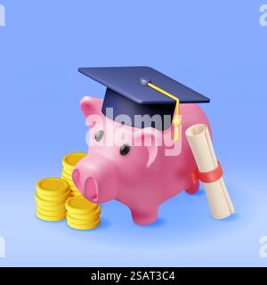 Piggy Bank 3D con cappello per laureati, rotolo per diplomi e monete d'oro. Rendete il concetto di risparmio per l'istruzione. Risparmi e investimenti. Conoscenza accademica e scolastica. Illustrazione vettoriale realistica. Piggy Bank 3D con cappello di graduazione, diploma, monete Illustrazione Vettoriale