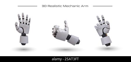 Mano meccanica realistica in 3D. Manipolatore programmabile. Gesti della mano Cyborg. Nuove tecnologie. Serie di immagini vettoriali su sfondo bianco. Mano umana bionica. Icone per la progettazione Web. Mano meccanica realistica in 3D. Manipolatore programmabile. Gesti della mano Cyborg Illustrazione Vettoriale