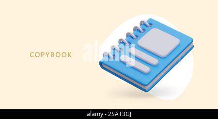 Notebook realistico con molla blu. Copybook con copertina vuota, mockup. Spazio per etichetta, logo, immagine, testo. La cancelleria moderna è bella e confortevole. Concetto di vettore pubblicitario. Notebook realistico con molla blu. Copybook con copertina vuota, mockup Illustrazione Vettoriale