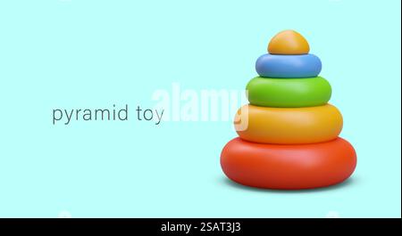 Gioco a piramide realistico su sfondo blu. Piramide con anelli colorati per cartellone del negozio di giocattoli. Concetto di società pubblicitaria. Illustrazione vettoriale in stile 3D. Gioco a piramide realistico su sfondo blu. Piramide con anelli colorati per cartellone del negozio di giocattoli Illustrazione Vettoriale