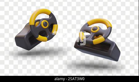 Volante 3d realistico in diverse posizioni. Dispositivo per controllare l'auto nel gioco su computer per i giocatori. Concetto di accessori di guida. Illustrazione vettoriale. Volante 3d realistico in diverse posizioni. Dispositivo per controllare l'auto nel gioco sul computer Illustrazione Vettoriale