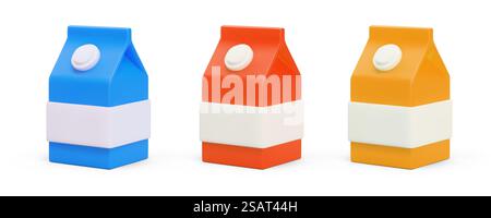 Set di confezioni di latte e panna in diversi colori. Contenitore per liquidi monouso blu, rosso, arancione. Icone isolate su sfondo bianco. Collezione di mockup vettoriale per pubblicità, web design, giochi. Set di confezioni di latte e panna in diversi colori. Contenitore per liquidi monouso blu, rosso, arancione Illustrazione Vettoriale