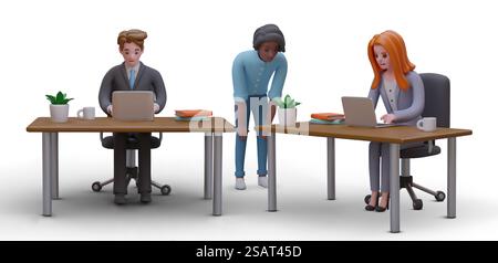 Flusso di lavoro di Office. Uomo e donna in costume da lavoro sono seduti alla scrivania. Il ragazzo nero si trova nelle vicinanze. Discussione di progetto, comunicazione, consulenza. Vettore colore. Flusso di lavoro di Office. Uomo e donna in costume da lavoro sono seduti alla scrivania Illustrazione Vettoriale