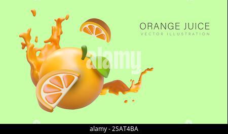 Pubblicità a colori di succo d'arancia. Arancio intero realistico, fette, schizzi di liquidi. Bevanda vegana naturale. Concetto di cibo vitaminico sano. Modello vettoriale con posizione per il testo. Pubblicità a colori di succo d'arancia. Arancio intero realistico, fette, schizzi di liquidi Illustrazione Vettoriale