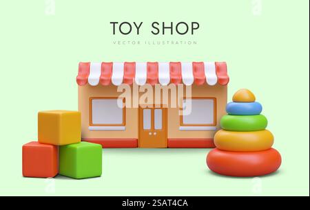 Modello di grande supermercato con giocattoli. Poster colorato con cubi realistici in 3d e piramide con anelli rotondi. Illustrazione vettoriale con sfondo verde e posizione per il testo. Modello di grande supermercato con giocattoli. Poster colorato con cubi e piramide realistici in 3d. Illustrazione Vettoriale