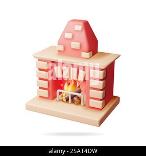Caminetto 3D con isolamento in legno bruciato. Rendi falò invernale all'interno. All'interno sono presenti registri di fiamme brillanti e di combustione. Caminetto per il massimo del comfort e del relax. Illustrazione vettoriale realistica. Caminetto 3D con legno ardente Illustrazione Vettoriale