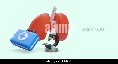 Placca con kit medico 3d, polmoni rossi e microscopio per la ricerca. Concetto di protezione e polmoni sani. Illustrazione vettoriale in blu e rosso con posizione per il testo. Placca con kit medico 3d, polmoni rossi e microscopio per la ricerca Illustrazione Vettoriale